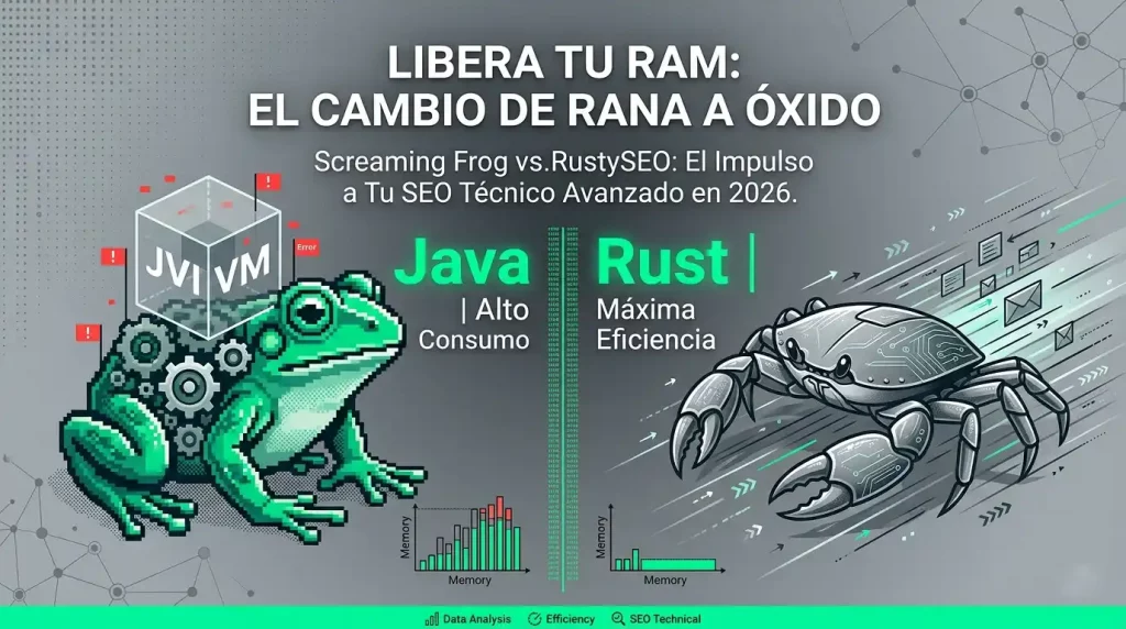 Comparativa visual de SEO Técnico Avanzado: Una rana de estilo pixelart bajo una pesada estructura JVM representa el alto consumo de memoria de Screaming Frog (Java), frente a un cangrejo metálico aerodinámico y rápido con circuitos #04FB94 que ilustra la máxima eficiencia y velocidad de RustySEO (Rust).