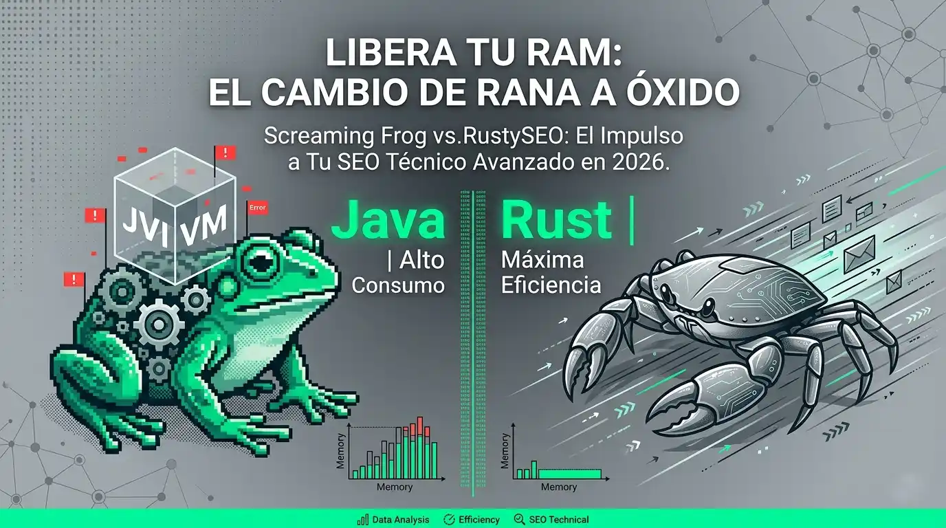 Comparativa visual de SEO Técnico Avanzado: Una rana de estilo pixelart bajo una pesada estructura JVM representa el alto consumo de memoria de Screaming Frog (Java), frente a un cangrejo metálico aerodinámico y rápido con circuitos #04FB94 que ilustra la máxima eficiencia y velocidad de RustySEO (Rust).