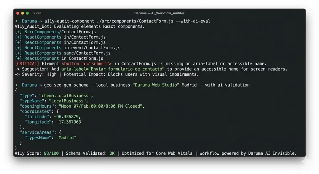 Captura de pantalla de una terminal de comandos (Zsh) ejecutando una auditoría de accesibilidad web (A11y) y generando un esquema JSON-LD para Geo SEO en Madrid mediante agentes de IA integrados en el flujo de trabajo de Daruma