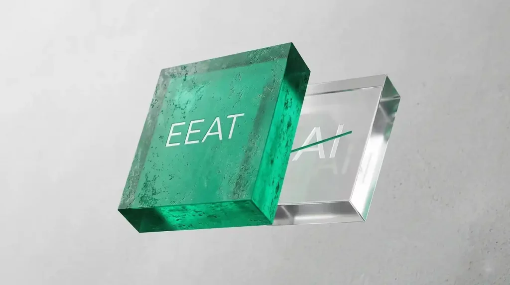 Representación minimalista en 3D de dos bloques abstractos: un bloque grande y texturizado de color verde esmeralda con el grabado 'E-E-A-T' en primer plano, y un bloque más pequeño, liso y transparente con el símbolo 'AI' tachado en segundo plano. Metáfora visual de la autoridad humana (E-E-A-T) frente al código genérico de IA penalizado por Google.